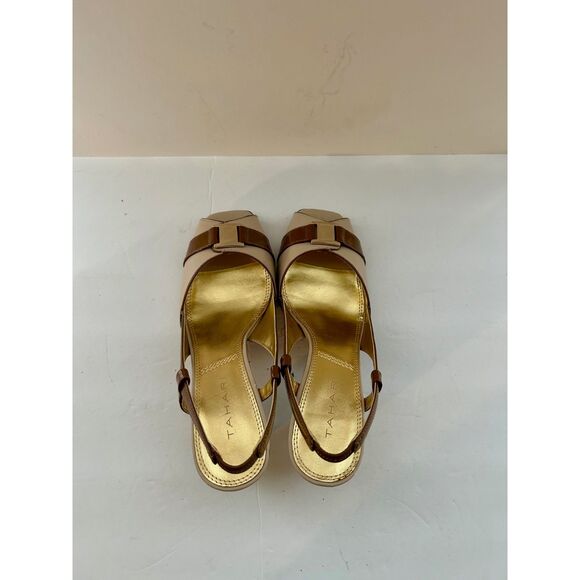 Tahari Leather Open Toe Slingback Sandal Chunky Heels, Beige/Brown, size 7 - Picture 6 of 6